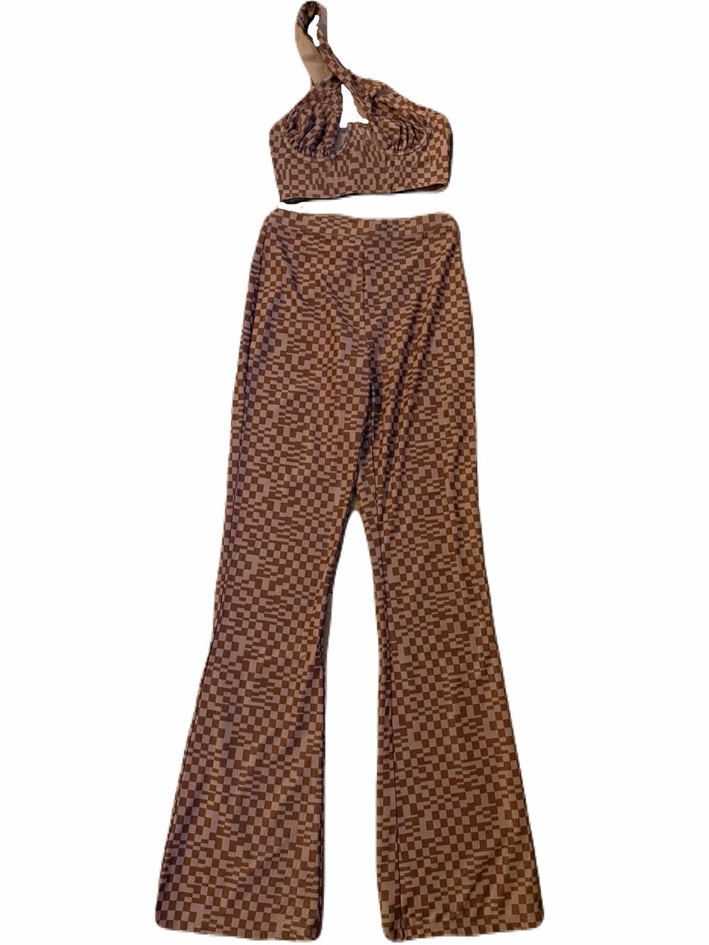 White Fox Small / Medium Brown Checkered Halter Crop Top Pants Set 2 Piece - Picture 2 of 10
